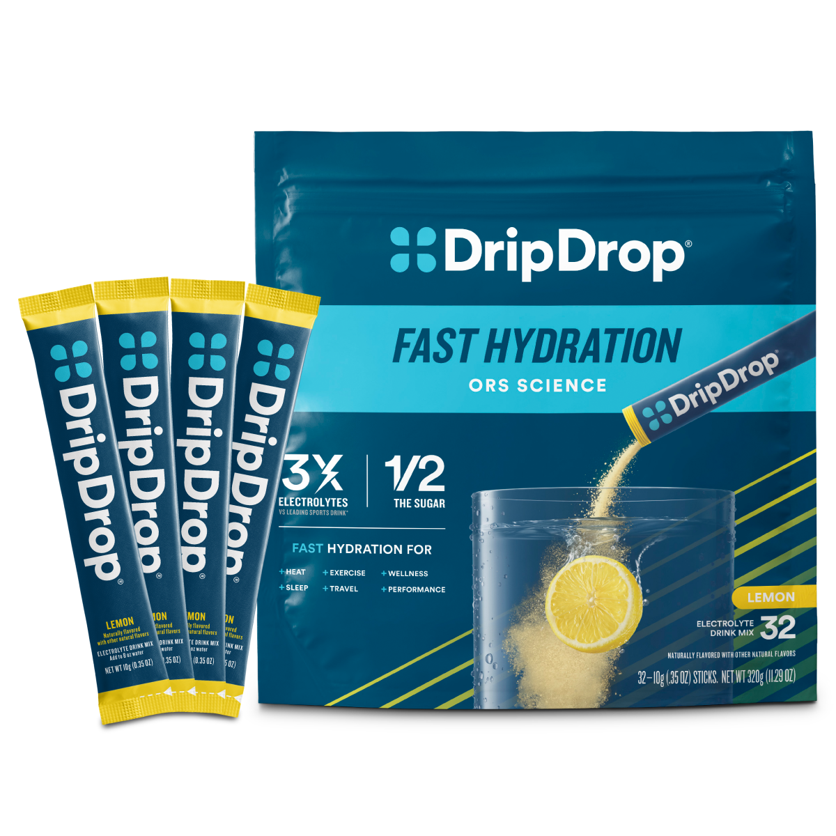 DripDrop Lemon Electrolyte Powder, 8 oz sticks, 32 count